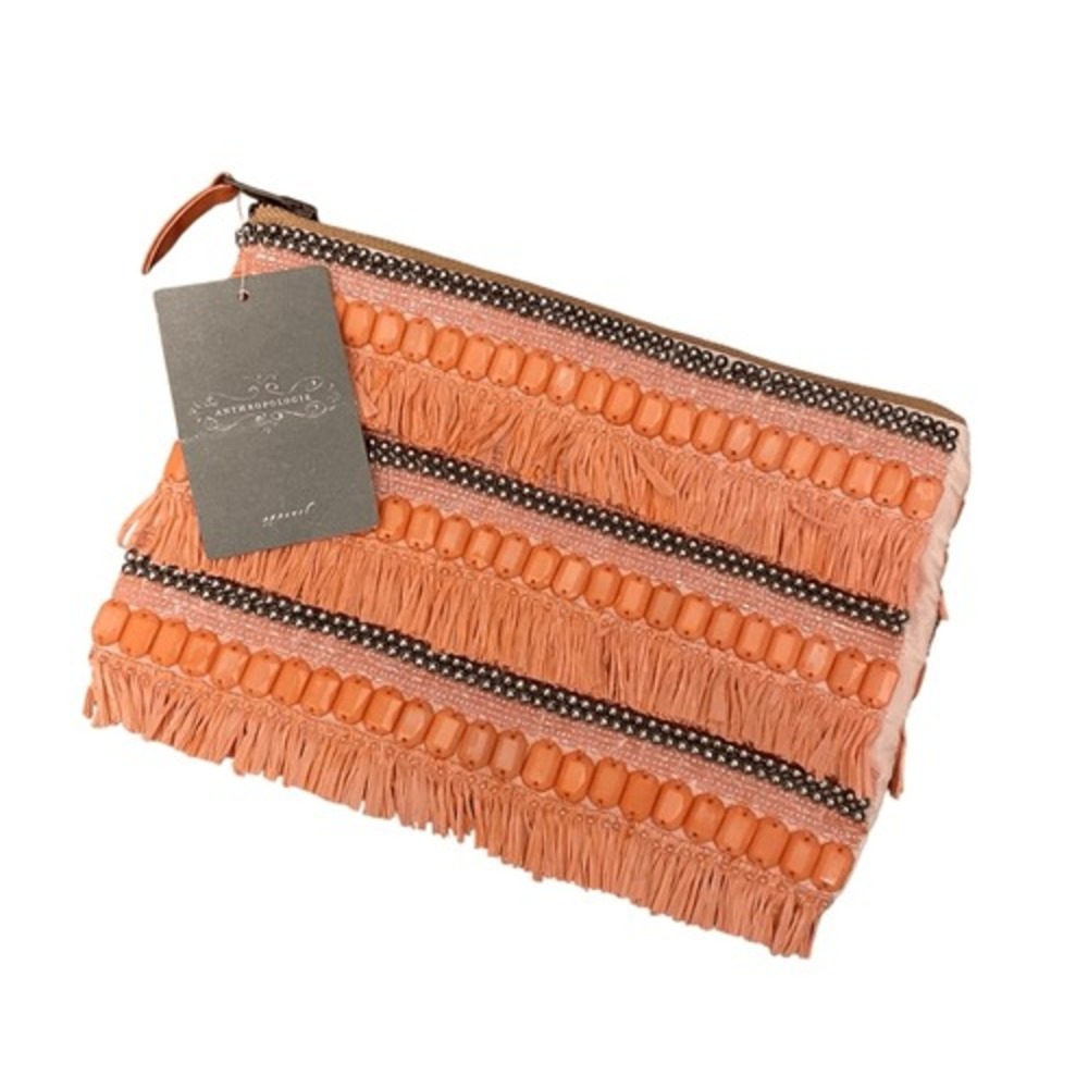 Anthropologie Beaded Fringe Clutch Bag Coral Orange Boho Statement Zip Pouch NEW
